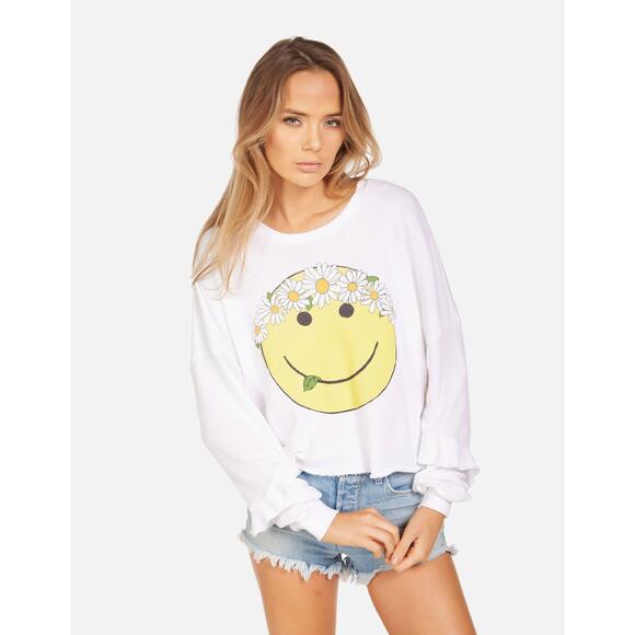 Lauren Moshi White Yellow Sweatshirt Happy Daisy Peace Crew Neck Sz Medium NEW - Picture 13 of 13